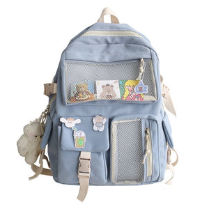Kawaii Nylon Water-Resistant Backpack with Plush Bear