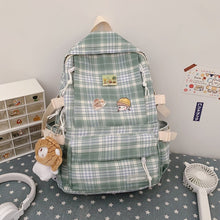 Load image into Gallery viewer, Korean-Style Plaid Large Backpack with Pins and Keychain
