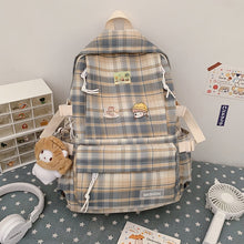 Load image into Gallery viewer, Korean-Style Plaid Large Backpack with Pins and Keychain
