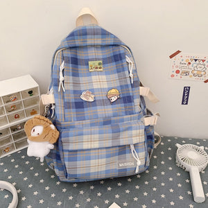 Korean-Style Plaid Large Backpack with Pins and Keychain