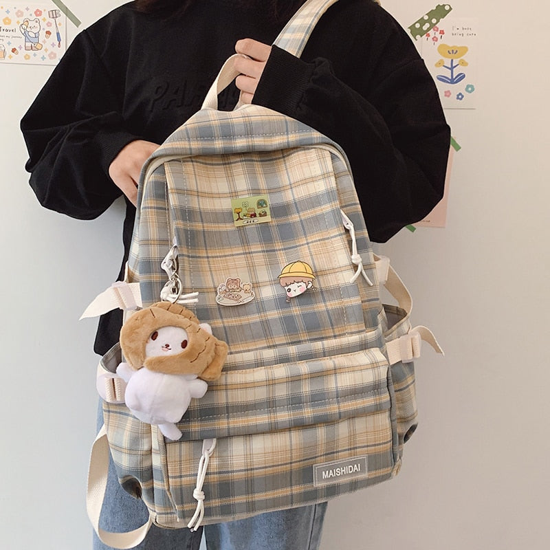 Korean-Style Plaid Large Backpack with Pins and Keychain – Pluto Creations,  Inc.